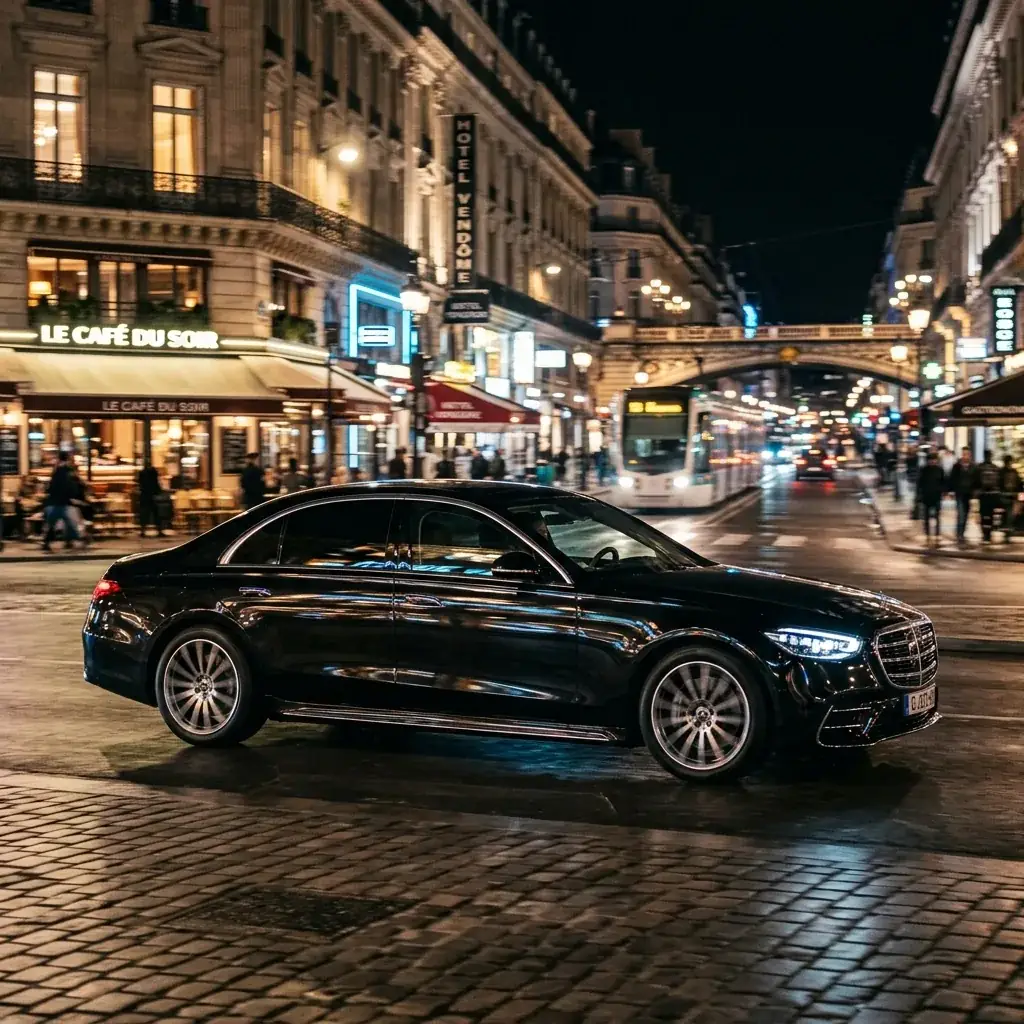 Malaga airport private transfer — luxury Mercedes S-Class VIP taxi service night city